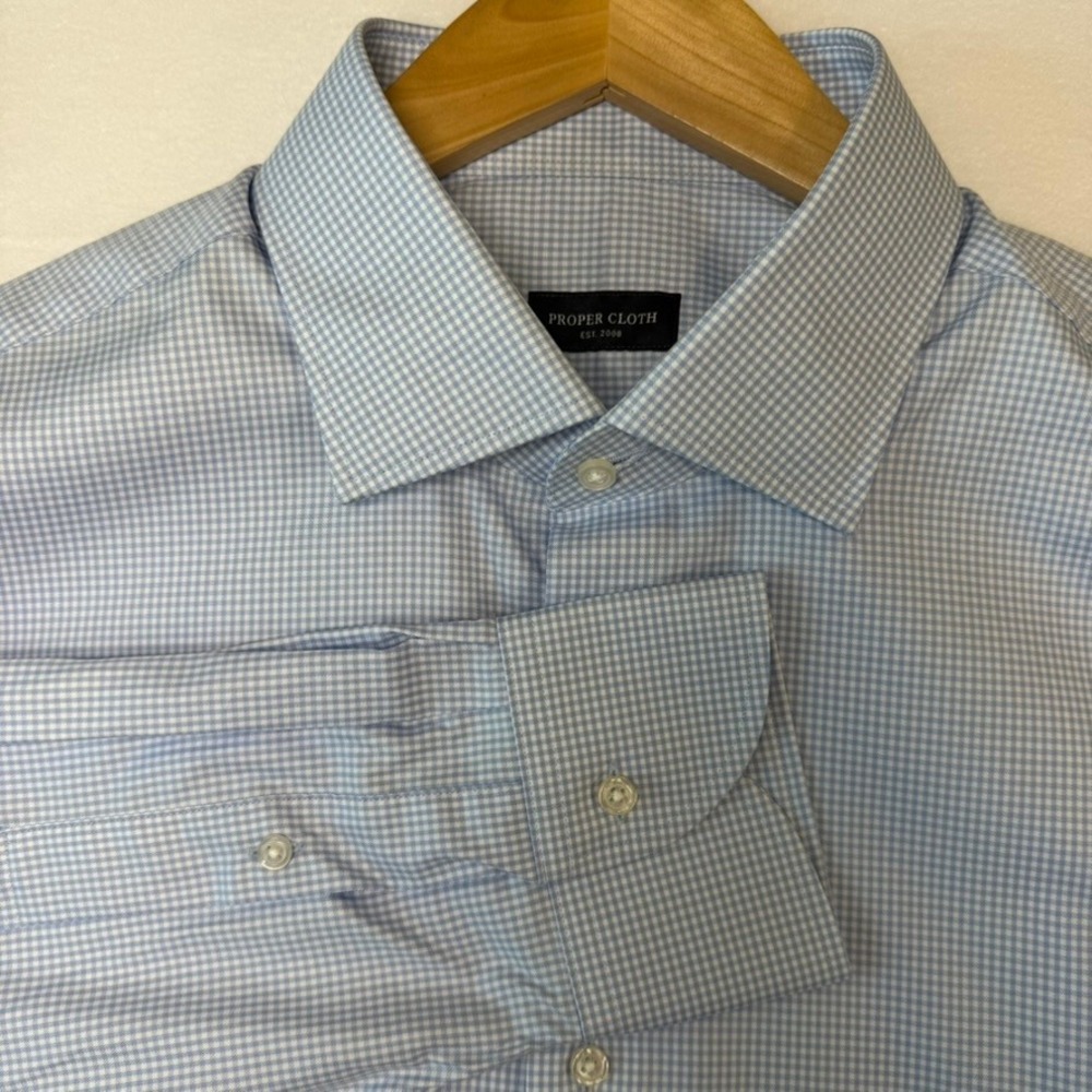 Proper Cloth Thomas Mason Light Blue Mini Gingham Dress Shirt XXL 17.5-35.5